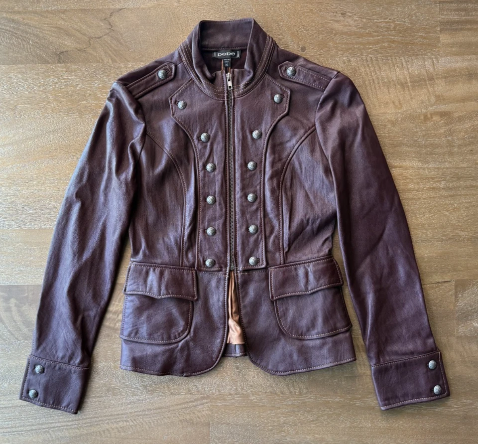 NWOT Bebe 100% Leather XS Jacket Chianti/Burgundy Zip Pockets Steampunk Military - Image 3 of 4