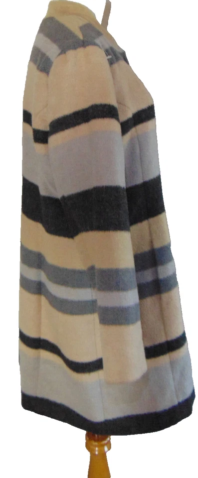 ISAAC MIZRAHI MUJER ABRIGO SUAVE A RAYAS BEIGE/GRIS BRONCEADO, CHAQUETA METAL PRIMAVERA A PRESIÓN ~ 10 Foto 4 de 4