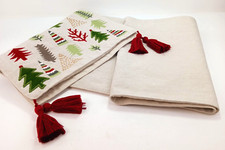 Embroidered Christmas Tree Table Runner Beige Cotton 70x13 in