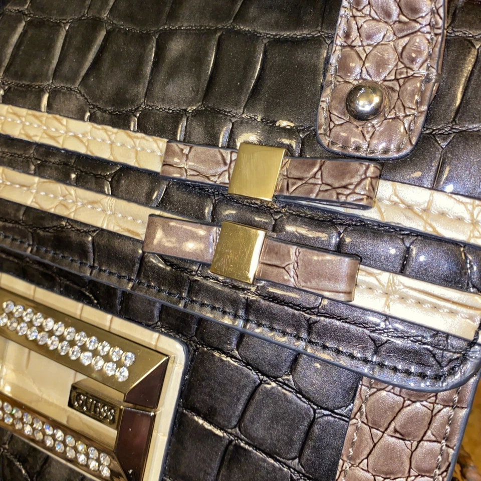 Guess Bolso de Mano Cartera Negro @ Marrón y Tostado Charol Caimán/Nuevo Foto 3 de 4