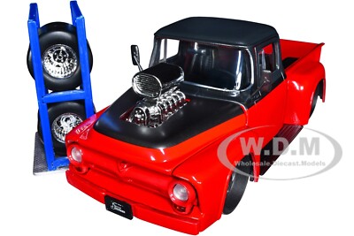 1956 FORD F-100 PICKUP RED & GRAY MET. & EXTRA WHEELS 1/24 DIECAST