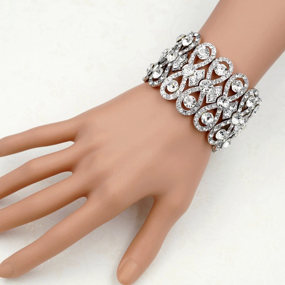 Stretch Bracelet Clear Crystal Silver Tone Bangle Cuff Bridal Wedding 09998 - Image 4 of 4