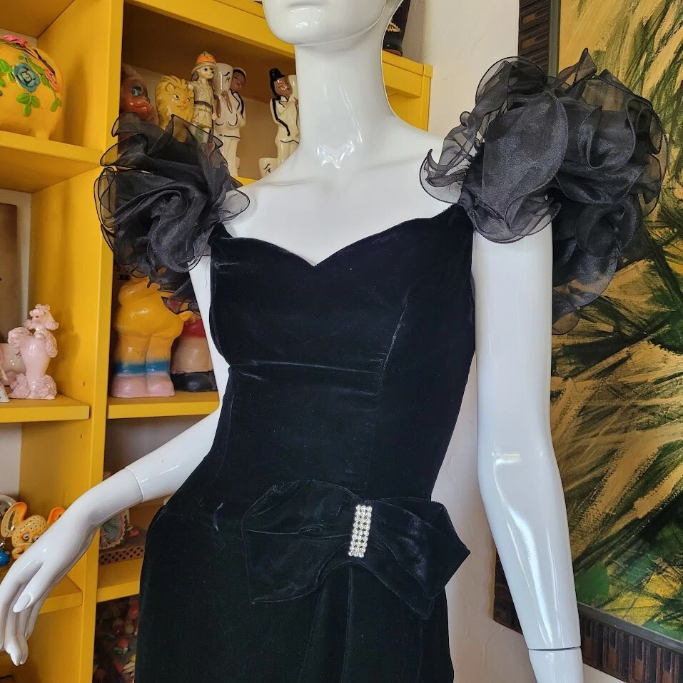 Vintage 80s Avant Garde Lettuce Ruffle Puff Prom Velvet Party Cocktail Dress S