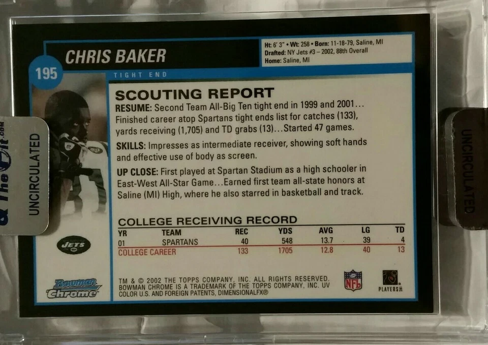 2002 topps Bowman Chrome Chris Baker uncirculated rookie New York Jets - Image 3 of 3