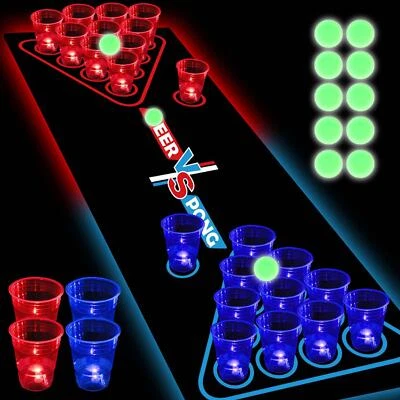 HIOHWEFH 71 * 23inch Glow Beer Pong Table Mat Set, Glowing Portable Pong Set For Party In
