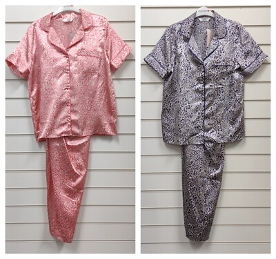 Marlon Damen rosa blau Blumenmuster Kurzarm Satin Pyjama Set UK Größe 10-26