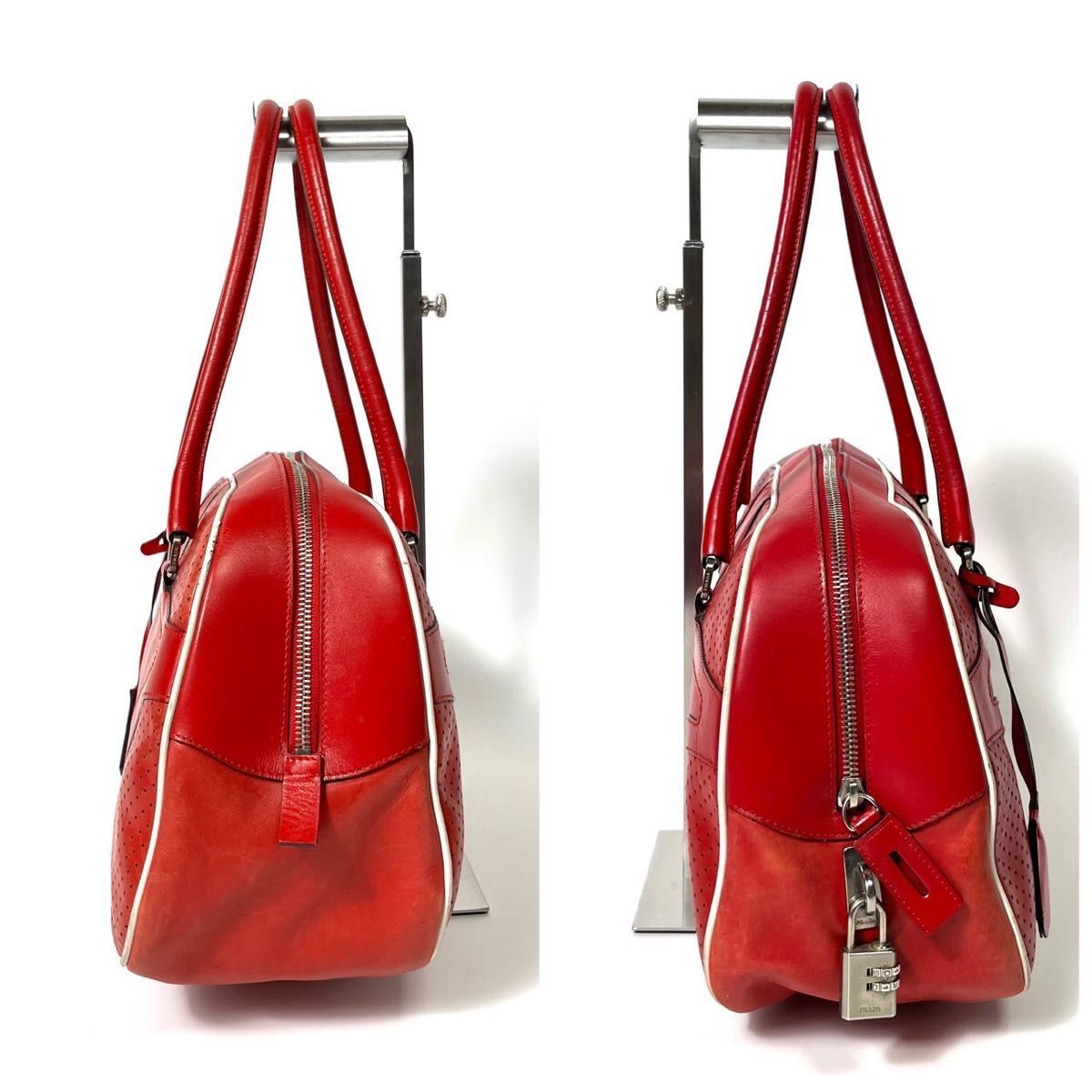 PRADA bowling bag handbag bag tote bag red leather vintage