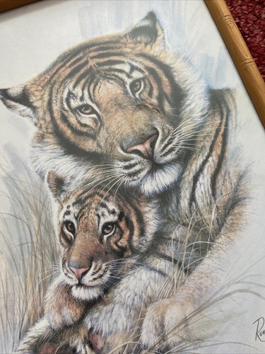 2 Vintage RUANE MANNING Lion Tiger Prints Bamboo Framed Mother Tiger Cub 10 x 8” - Picture 7 of 12