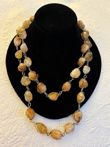 VINTAGE RAW OR ROUGH CITRINE POLISHED QUARTZ STONE & SILVER LONG NECKLACE - Picture 12 of 12