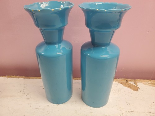 Par de jarrones antiguos de vidrio artístico opalino francés del siglo XIX a juego azul verde azulado 11" - Imagen 4 de 8