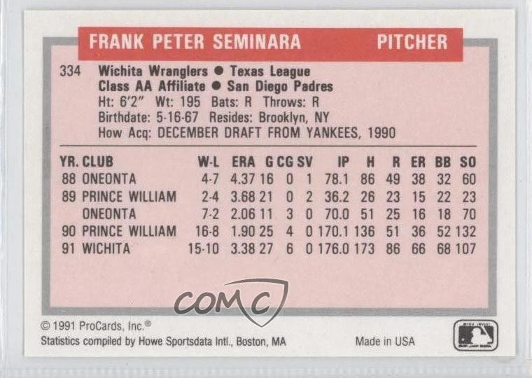 1991 ProCards Tomorrow's Heroes Frank Seminara #334 - Image 2 of 2