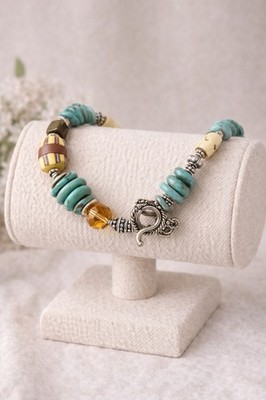 African Trade Glass Silver Style Boho Turquoise Beaded Bracelet Bali Toggle Gift