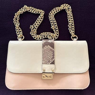 Shoulder Bag, Italian Leather, Creamy Neutral Tones, Snake Print Details.