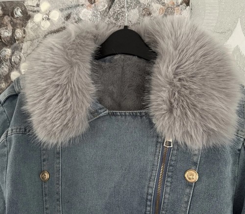 Pale Denim Faux Fur Collar Cuffs & Lining Biker Jacket NEW Plus Size 2XL 16 18 - Picture 8 of 12