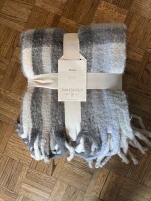 Threshold Gray And Light Blue Woven Wool Blend Throw Blanket 50  x 60 