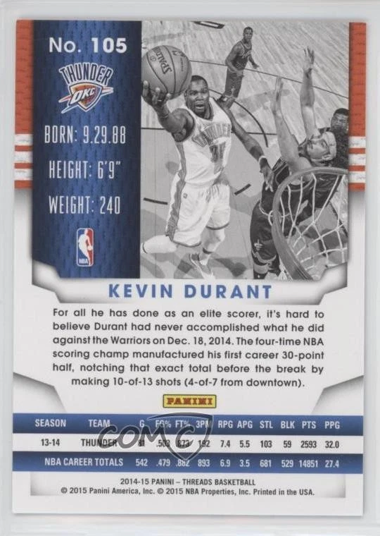 2014-15 Panini Threads Century Proof Gold /25 Kevin Durant #105 - Image 2 of 2