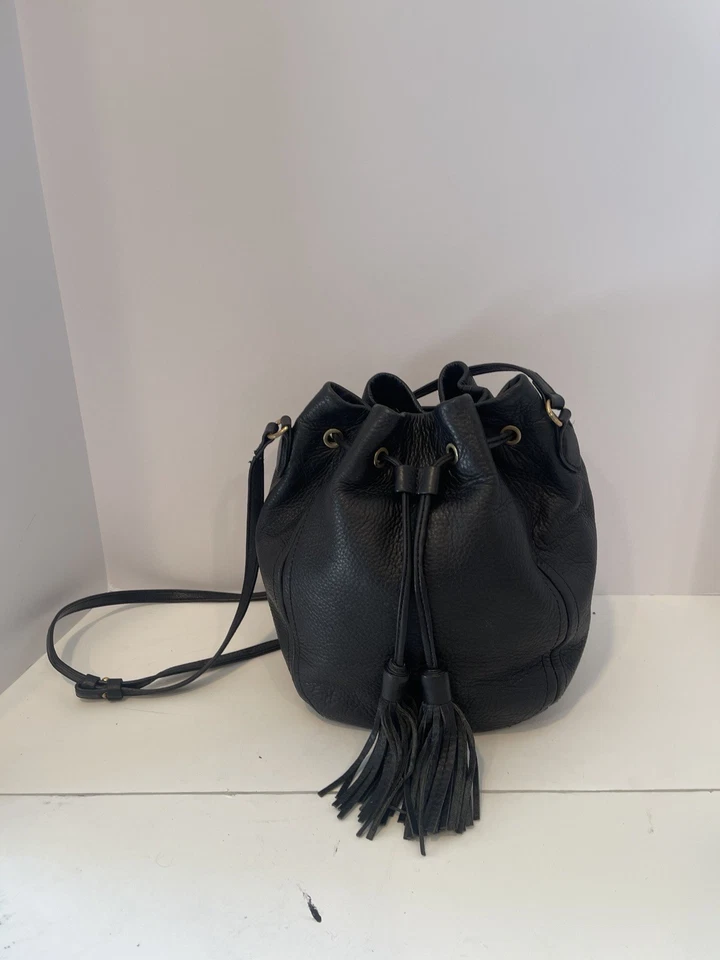 J. Crew Black Pebbled Leather Drawstring Bag Medium Sized Stunning - Image 3 of 3