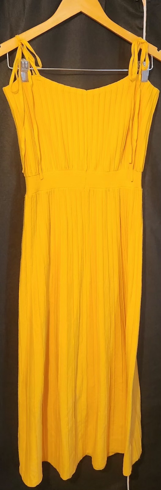 Vintage TieUp Spaghetti Strap Pleated Accordion Midi Dress Yellow Size Medium