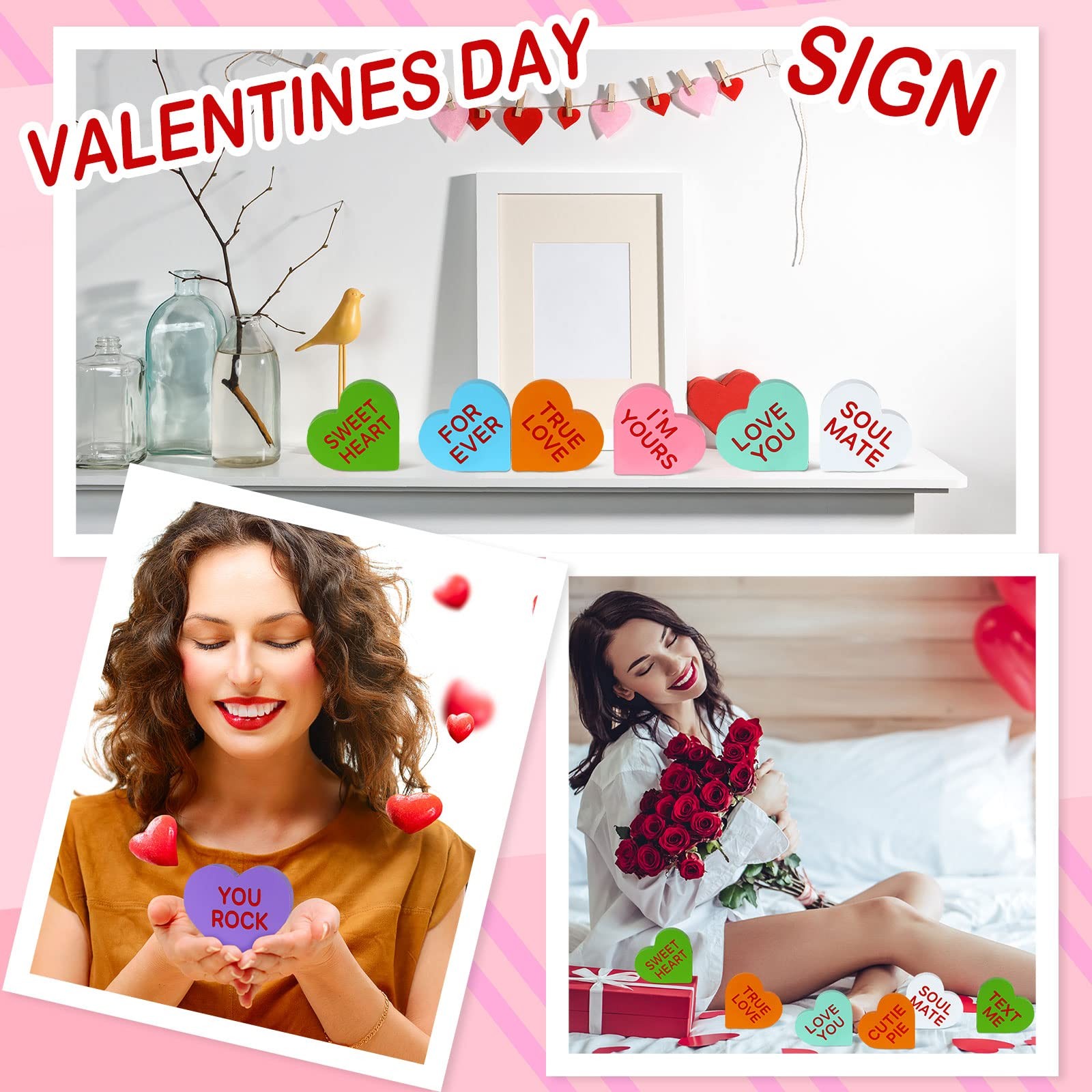 8 Pcs Valentine's Decor Conversation Hearts Candy Heart Table Decorations Sig... thumbnail 6