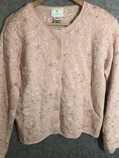 Vintage Susan Bristol Sweater Womens Medium Pink Floral Beaded Cardigan 90s