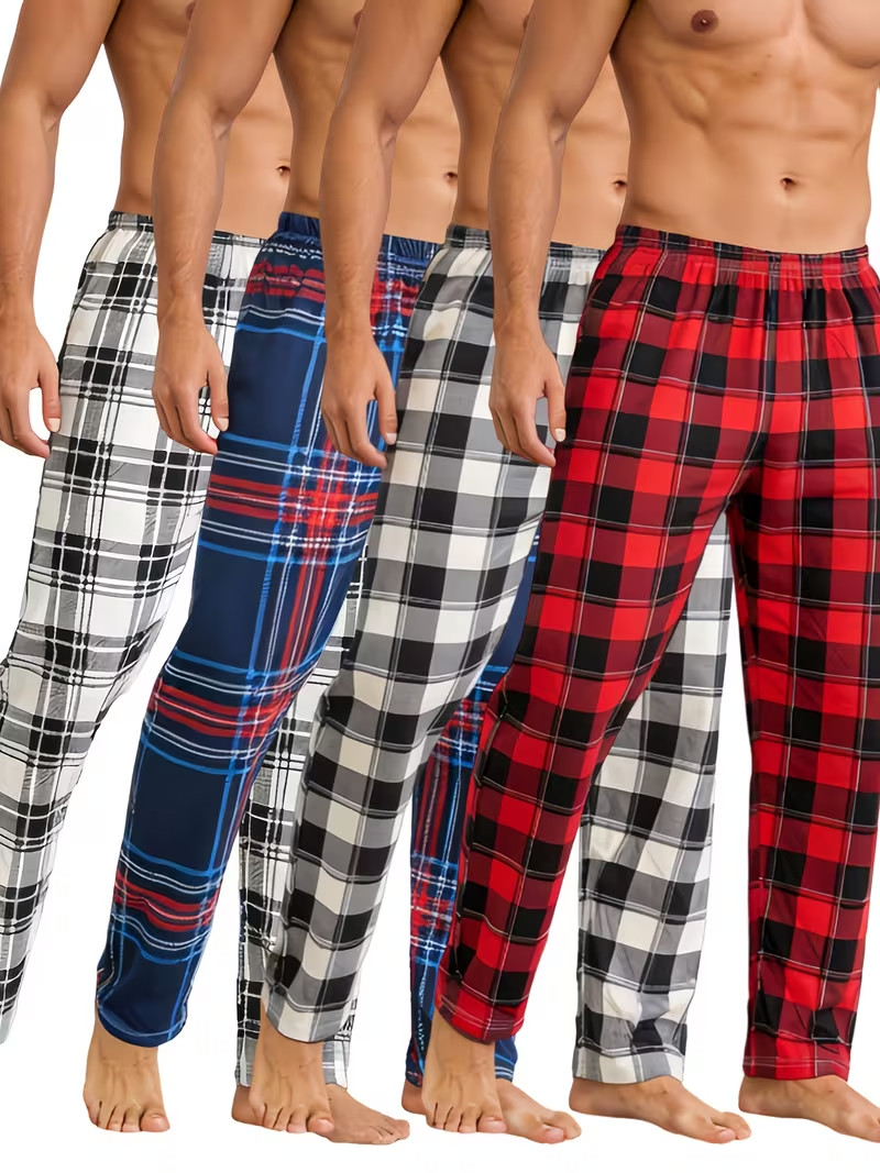 4 Unidades pijama de cuadros para hombre, pantalones para dormir comodo.