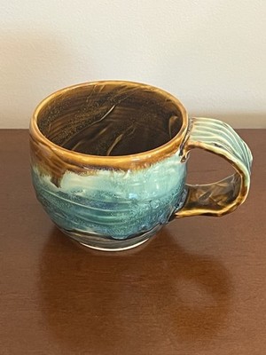 Handmade Studio Pottery Mug Signed Leslyn Drip Glaze Brown Green Cup