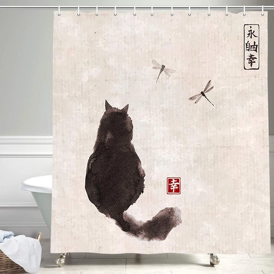 Elegante Cortina de Ducha Japonesa Impermeable para Gato - Completa con Ganchos, 72x72 pulgadas Foto 3 de 4