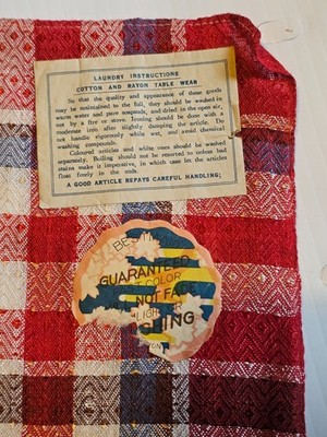 Vintage Cotton Tablecloth 40 x 40  Red White Blue Plum Stripes original tag