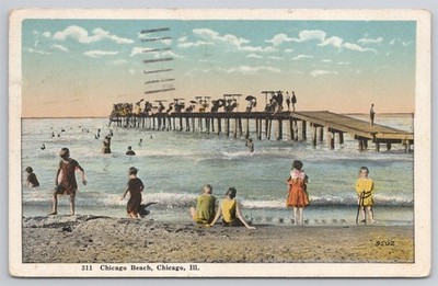 Beach Scene Dock Pier Surf Swimmers Chicago IL C1920s WB Postcard AK2