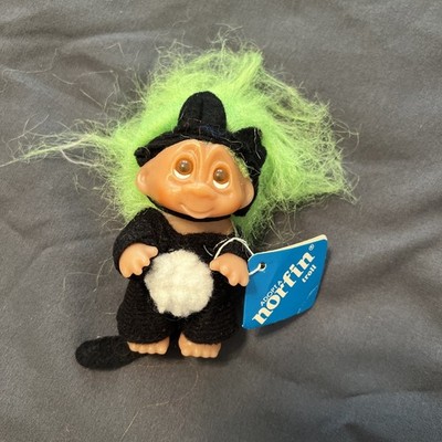 NWT 1985 Vintage Norfin Dam Troll Doll Green Hair Midnight Cat