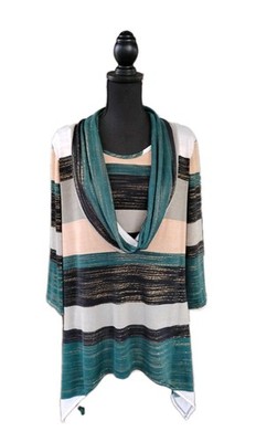 CoCo Bianco Top Sz M Knit Green Gold Beige Black Cowl Neck Shark Bite Tunic 8 10