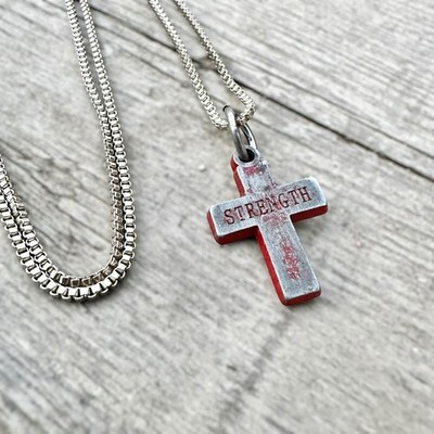 Strength Cross Industrial Necklace Silver Tone Grunge Goth Punk Distressed 18 