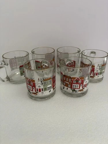 Vintage Libbey Winter Village Scene Glass Christmas Mugs Set Of 6