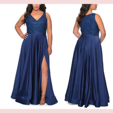 NEW 438 La Femme Curve  16W  Lace Bodice High Slit Gown in Navy Blue G1085