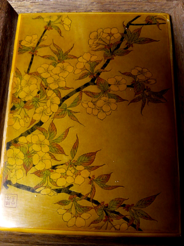 Chinese tile artwork of Gold Japanese floral Tree Blossoms tile artwork