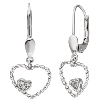 Earrings drop earrings heart hearts double heart with 6 diamonds 585 gold White Gold