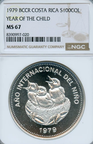COSTA RICA 100 COLONES 1 OUNCE SILVER CROWN 1979 MS-67 NGC GEM YEAR OF THE CHILD
