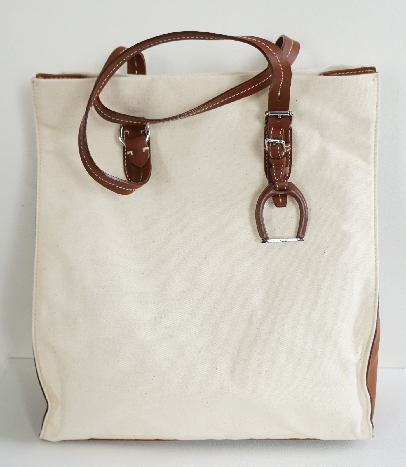 NEW RALPH LAUREN Ivory CANVAS & Tan LEATHER TOTE BAG eBay