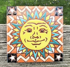 Smiling Sun 6x6 Hand Painted Clay Tile Trivet Wall Plaque Decor 1999 Arizona