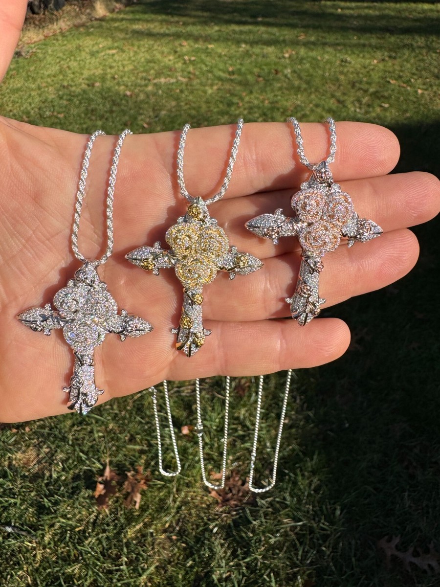 MOISSANITE Cross W. Rose Thorns Pendant Iced Necklace Real 925