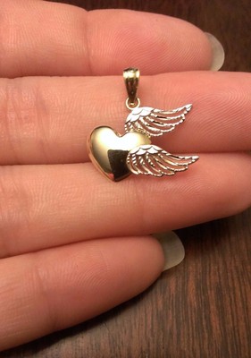14K GOLD BICOLOR KLEINES HERZ MIT ENGELSFLÜGELN ANHÄNGER CHARM
