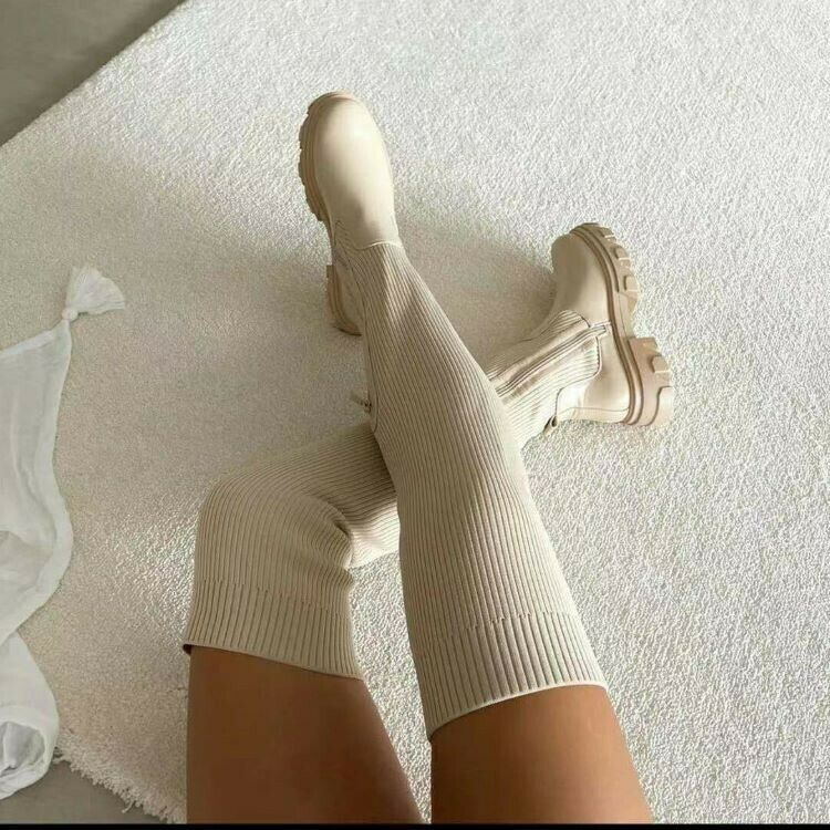 2022 New Knee Boots Women's Chunky Heel Slim Fit Winter Fleece Stretch Boots
