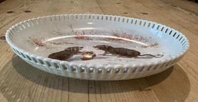 Antike Minton ovale handbemalte durchbohrte Schale Ratten spielend 1871