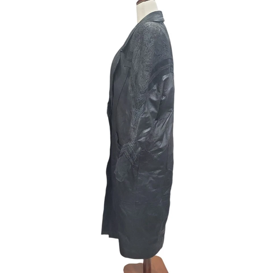 Vintage 1980s Leather Long Black Trench Coat Paisley Goth Cosplay Womens Size L - Image 2 of 4