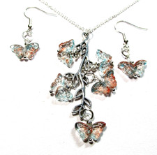 Silver Tone Blue Purple Butterfly 18" Necklace Pierced Earrings - NWOT 3267