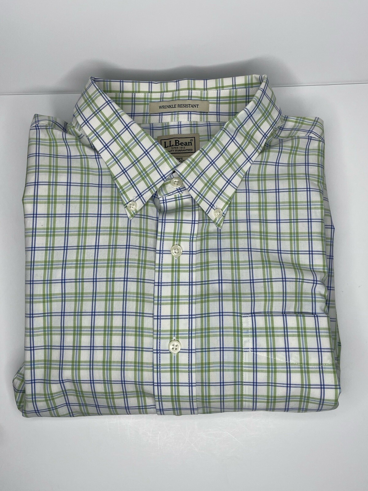 LL Bean Men's XXL Plaid Blue Green Wrinkle Resistant Travel Shirt Business Casual