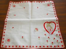Vintage Hankie Valentine Cherub Hearts Floral Galore Hand Rolled Sweet