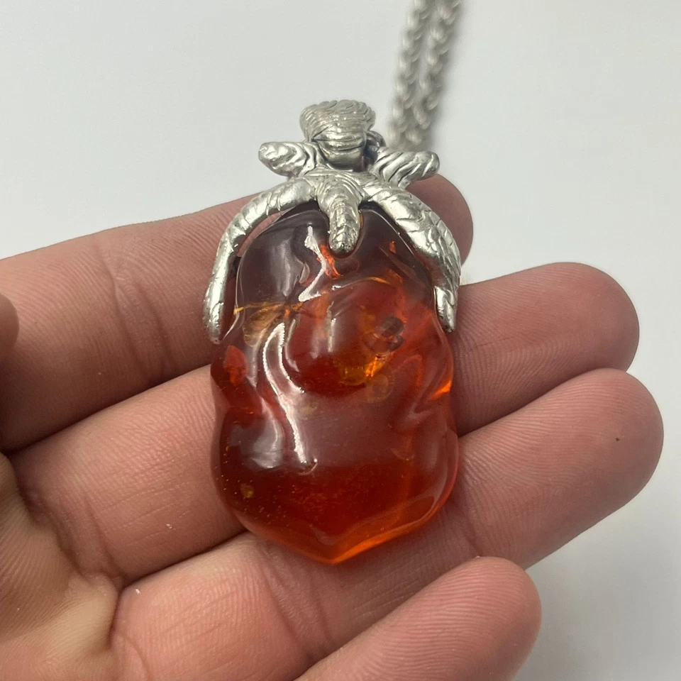 "Vintage 925 Sterling Silver Plated Amber Pendant Necklace for Women - 12.5 In - Image 4 of 4