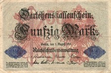 Genuine 50 Mark German empire banknote 1914 world war I fine cond  !!!
