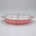 Vintage Pyrex Pink Daisy Oval Divided Casserole Dish 1.5 Qt w/Divided Lid 945-C